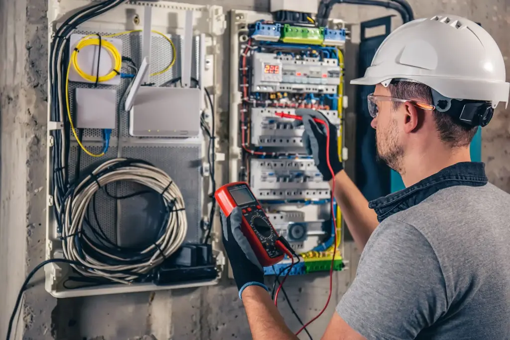 constructor-de-electricista-en-el-trabajo-dando-servicio-al-cuadro-de-distribucion-industrial-del-fuselaje-profesional-en-monos-con-herramienta-de-electricista.webp